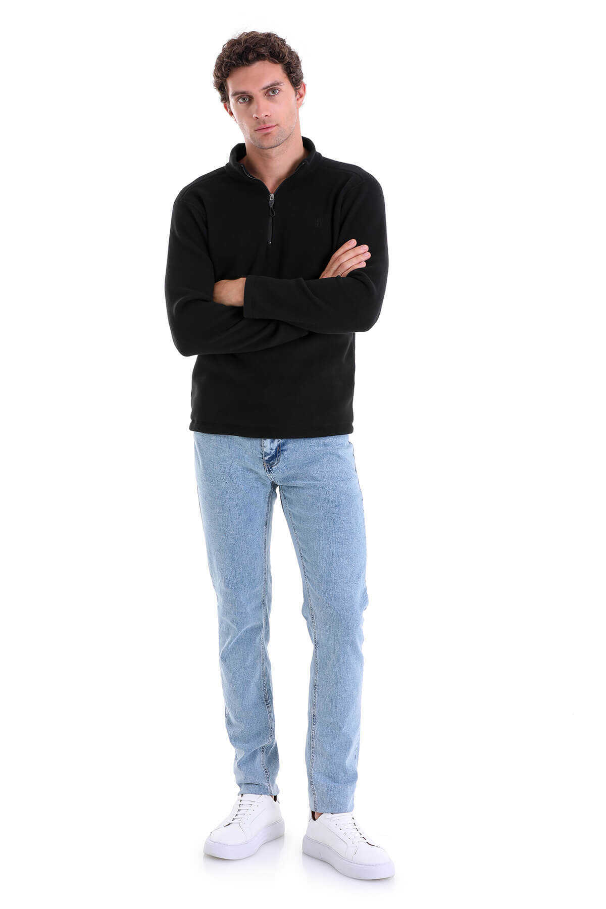 Siyah Regular Fit Tüylenme Yapmayan Soğuk Geçirmez Yarım Fermuarlı Polar Sweatshirt - 4