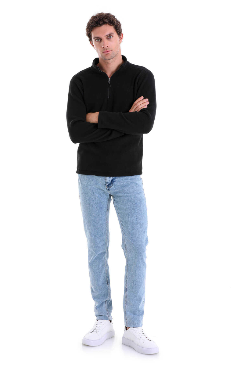 Siyah Regular Fit Tüylenme Yapmayan Soğuk Geçirmez Yarım Fermuarlı Polar Sweatshirt - Hatemoğlu (1)