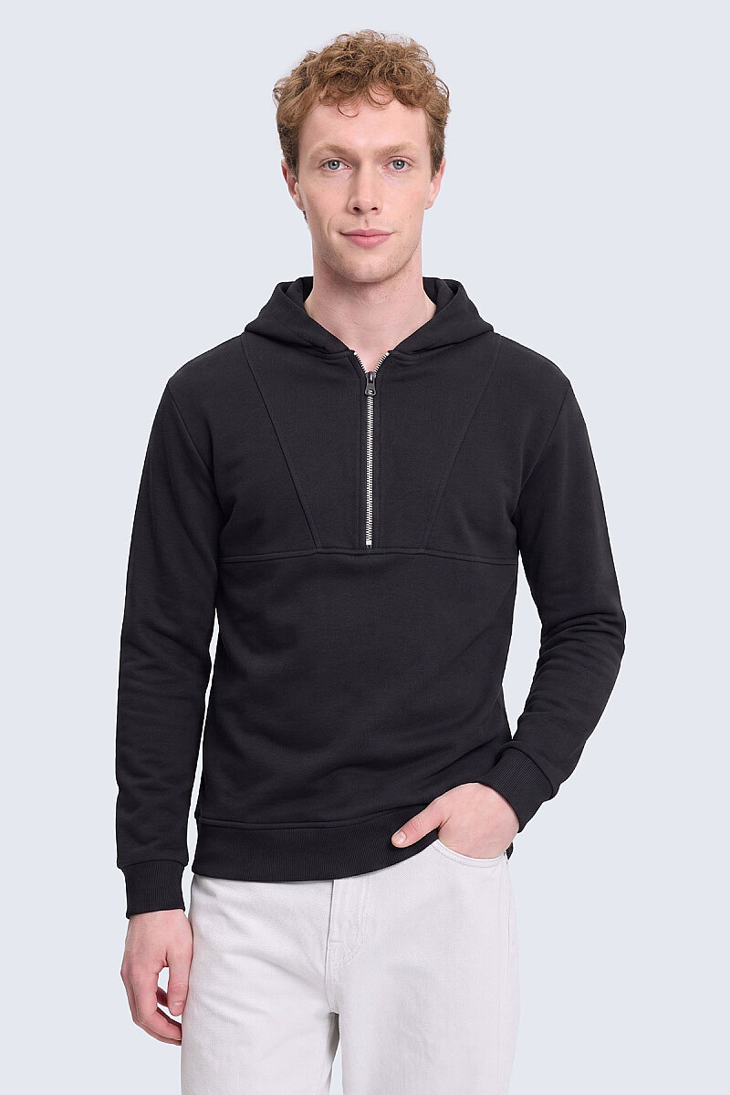 Siyah Regular Fit Fermuarlı Kapüşonlu Sweatshirt