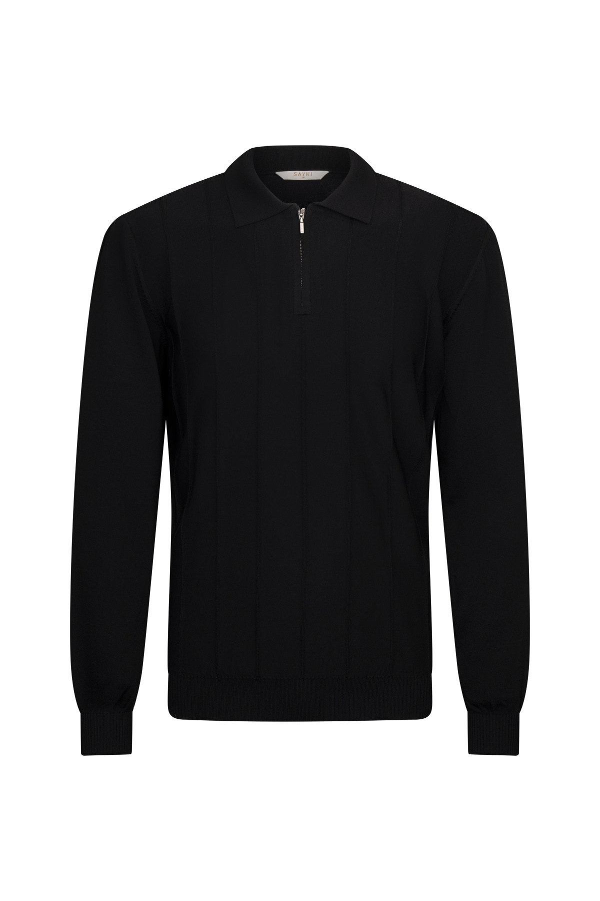 Siyah Regular Fit Fermuarlı Polo Yaka Rayon Triko Kazak - 1