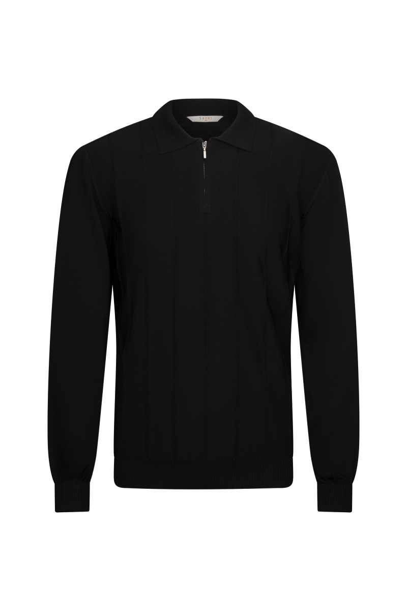 Siyah Regular Fit Fermuarlı Polo Yaka Rayon Triko Kazak - HATEM SAYKI
