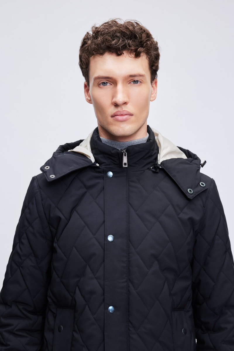 Siyah Regular Fit Hakim Yaka Kapitone Kapüşonlu Mont - Hatemoğlu (1)