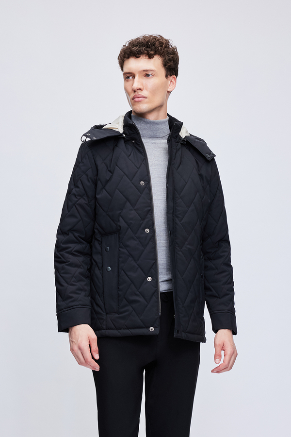 Siyah Regular Fit Hakim Yaka Kapitone Kapüşonlu Mont - 5