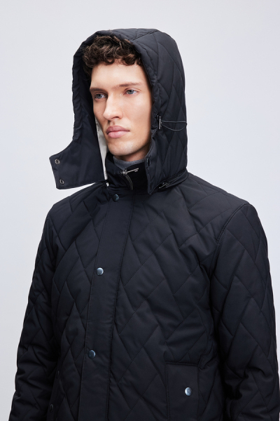 Siyah Regular Fit Hakim Yaka Kapitone Kapüşonlu Mont - 7