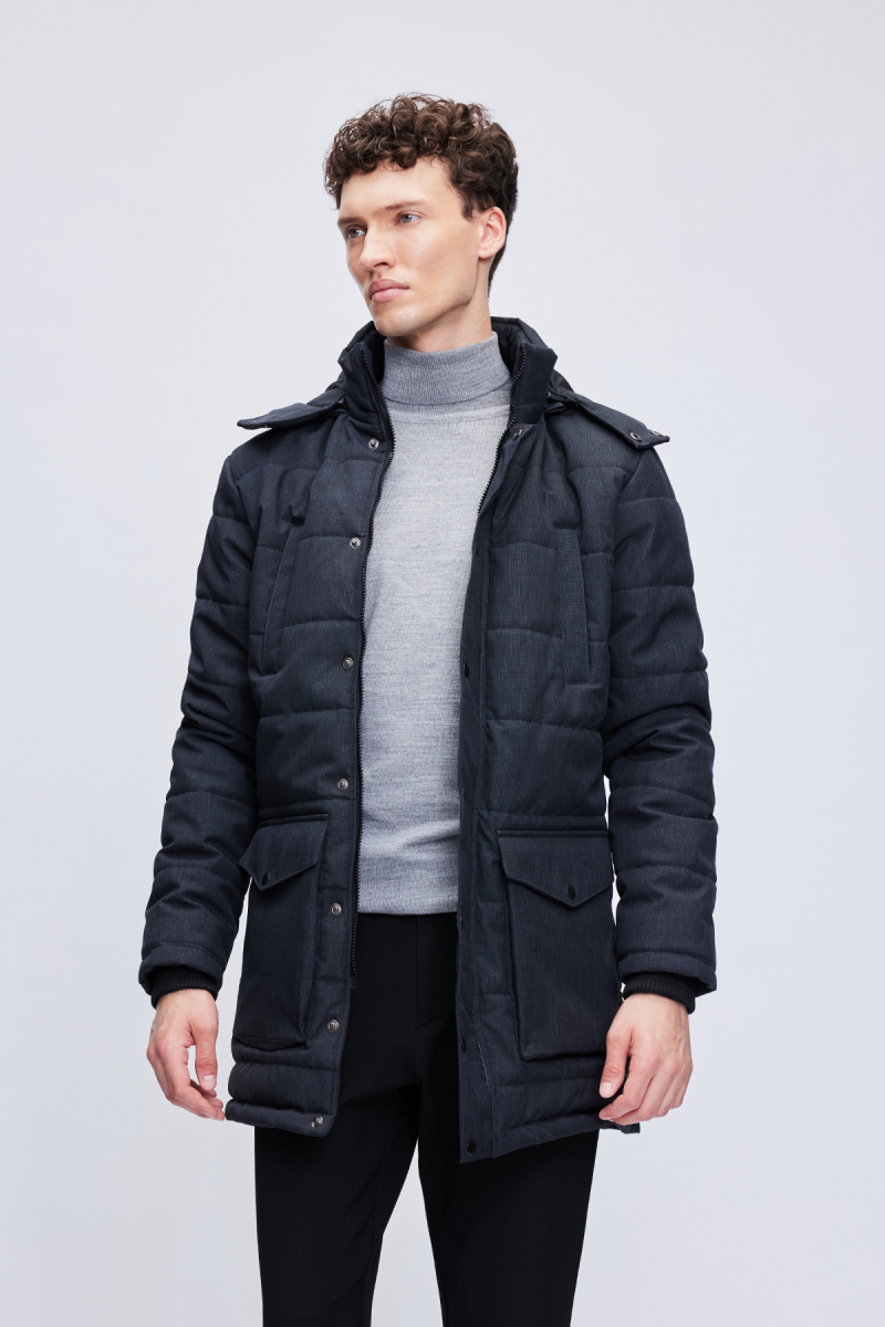 Siyah Regular Fit Hakim Yaka Desenli Kapitone Uzun Kapüşonlu Mont - Hatemoğlu (1)