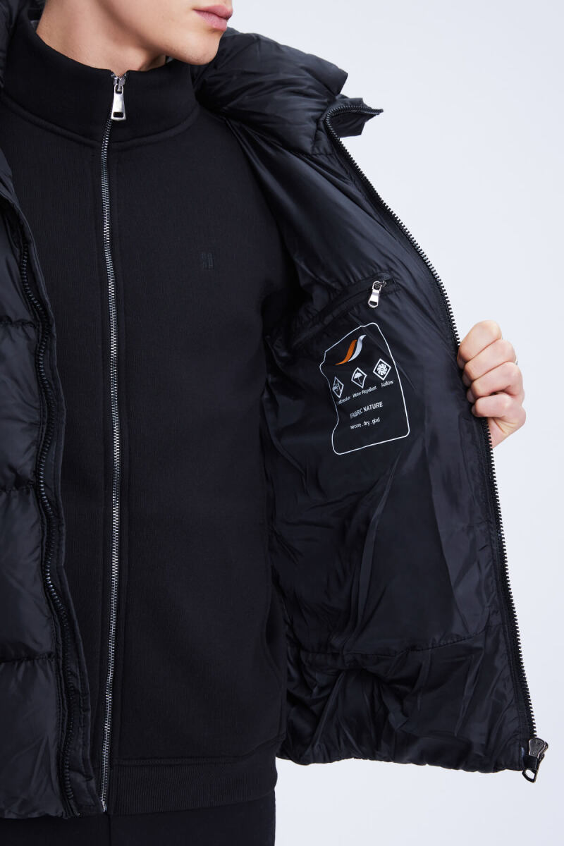 Siyah Regular Fit Hakim Yaka Kapüşonlu Şişme Mont - Hatemoğlu (1)