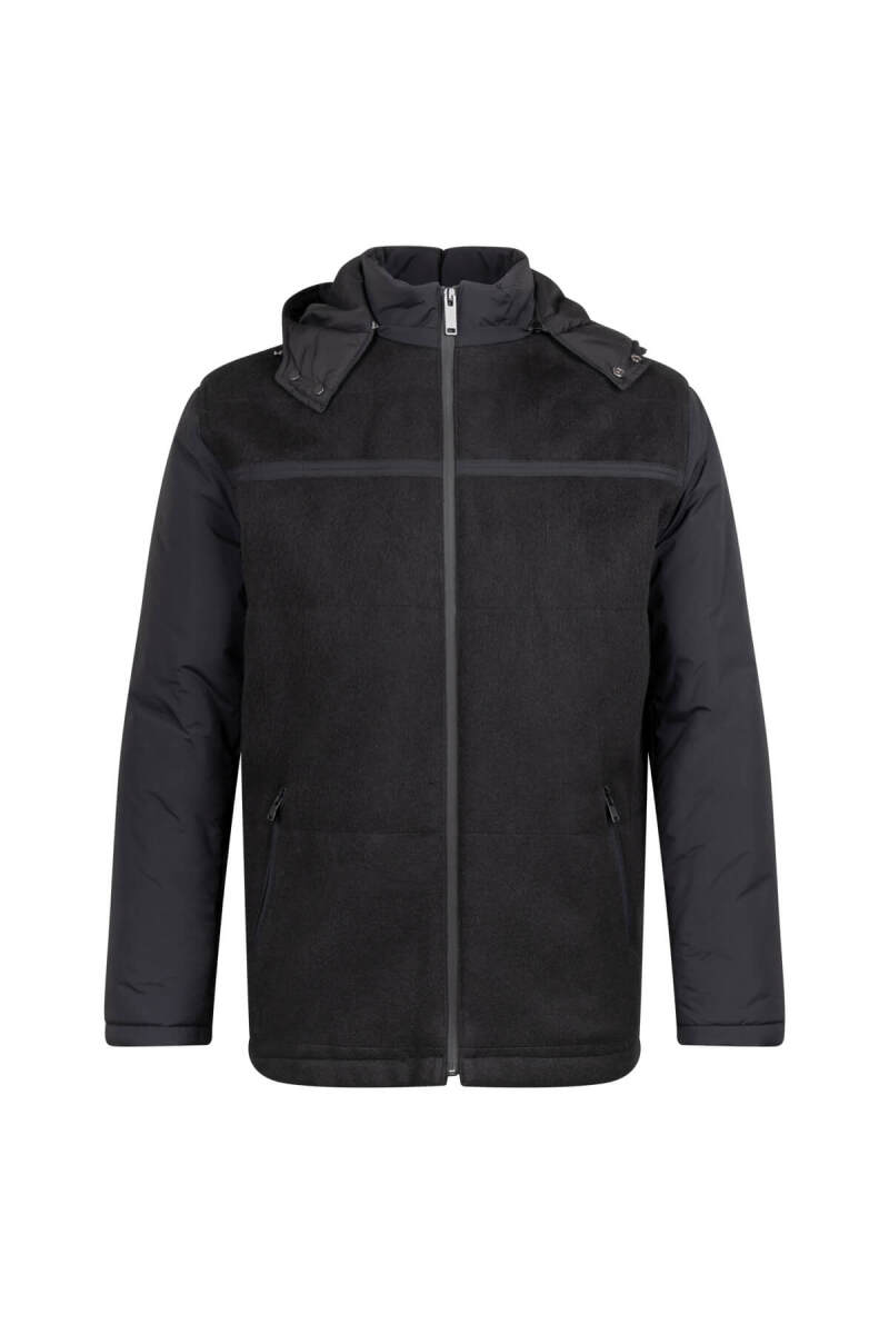 Siyah Regular Fit Hakim Yaka Yünlü Kapüşonlu Şişme Mont - HTML