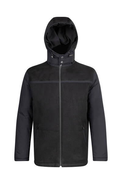 Siyah Regular Fit Hakim Yaka Yünlü Kapüşonlu Şişme Mont - 2