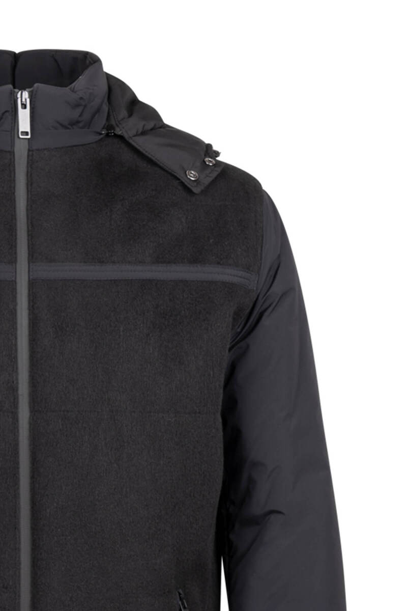 Siyah Regular Fit Hakim Yaka Yünlü Kapüşonlu Şişme Mont - HTML (1)