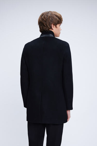 Siyah Regular Fit Hakim Yaka Yünlü Kaşe Palto - 5