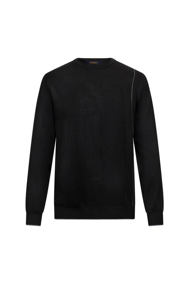 Siyah Regular Fit Jakarlı Bisiklet Yaka Yünlü Triko Kazak - Hatemoğlu