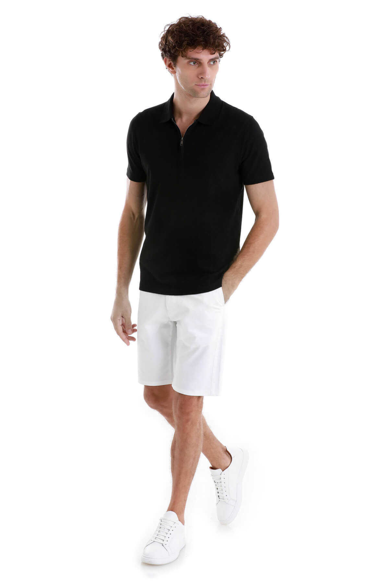 Siyah Regular Fit Jakarlı Polo Yaka Fermuarlı Tişört - Hatem Saykı (1)