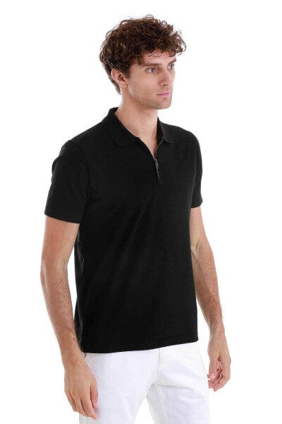 Siyah Regular Fit Jakarlı Polo Yaka Fermuarlı Tişört - 3