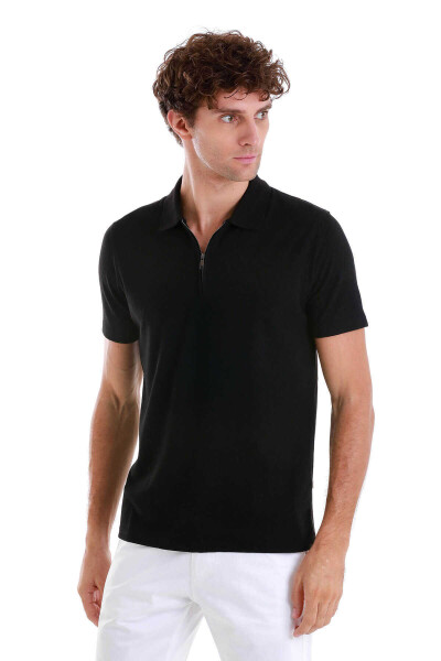 Siyah Regular Fit Jakarlı Polo Yaka Fermuarlı Tişört - 4