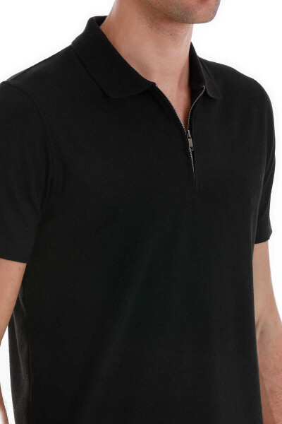 Siyah Regular Fit Jakarlı Polo Yaka Fermuarlı Tişört - 5