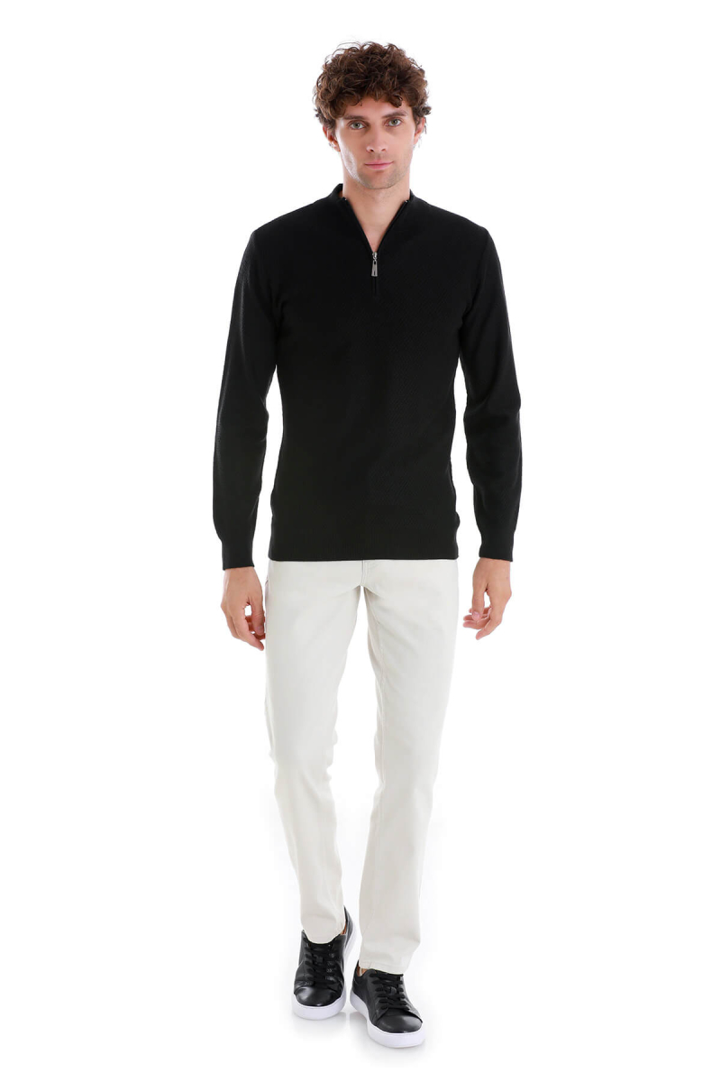 Siyah Regular Fit Jakarlı Yarım Balıkçı Yaka Fermuarlı Yünlü Triko Kazak - Hatemoğlu (1)