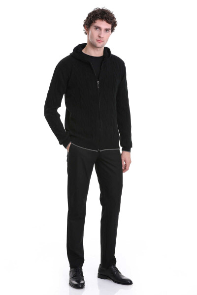 Siyah Regular Fit Jakarlı Yarım Fermuarlı Kapüşonlu Triko Kazak - 2