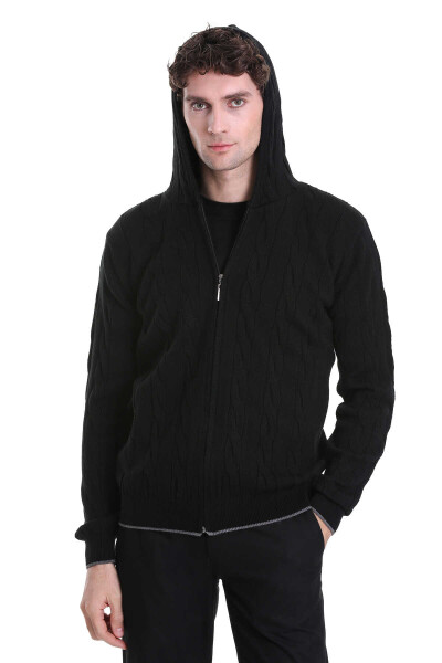 Siyah Regular Fit Jakarlı Yarım Fermuarlı Kapüşonlu Triko Kazak - 4