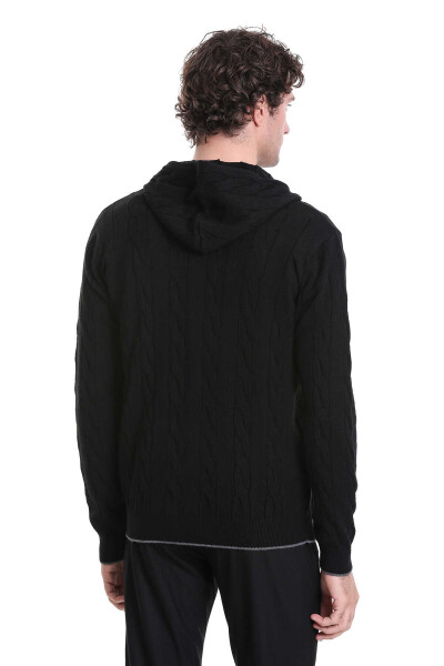 Siyah Regular Fit Jakarlı Yarım Fermuarlı Kapüşonlu Triko Kazak - 6