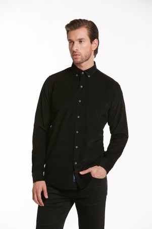 Siyah Comfort Fit Uzun Kol %100Pamuk Düz Klasik Gömlek - Thumbnail