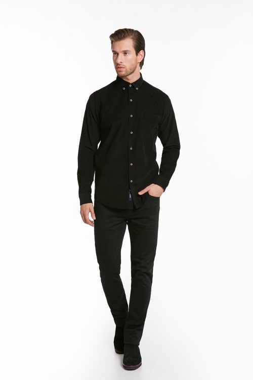 Siyah Comfort Fit Uzun Kol %100Pamuk Düz Klasik Gömlek - Thumbnail (1)