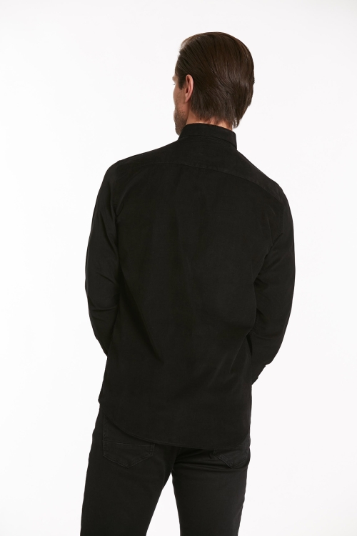 Siyah Comfort Fit Uzun Kol %100Pamuk Düz Klasik Gömlek - Thumbnail (3)