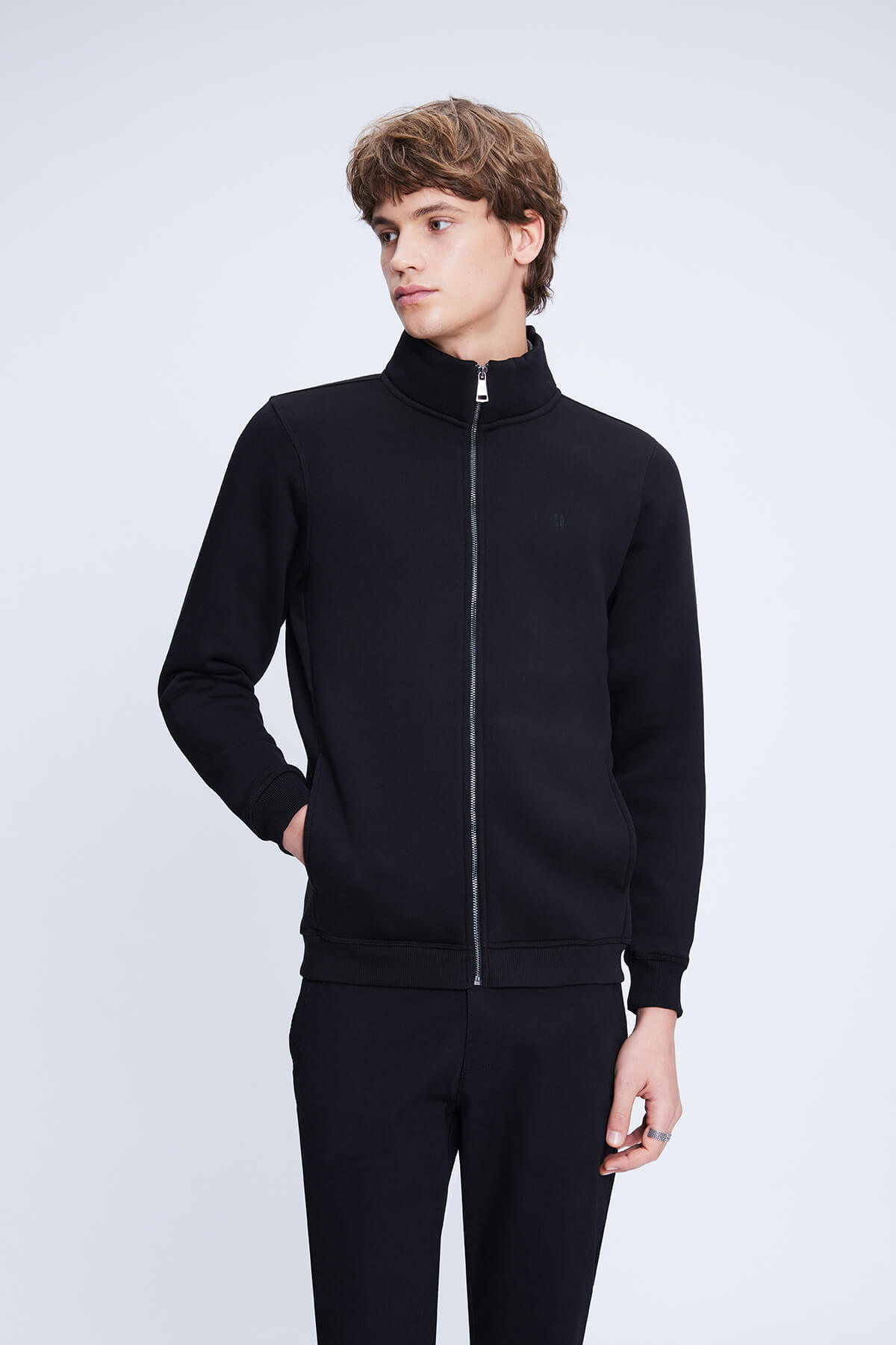 Siyah Regular Fit Pamuklu Tam Boy Fermuarlı Sweatshirt - 1