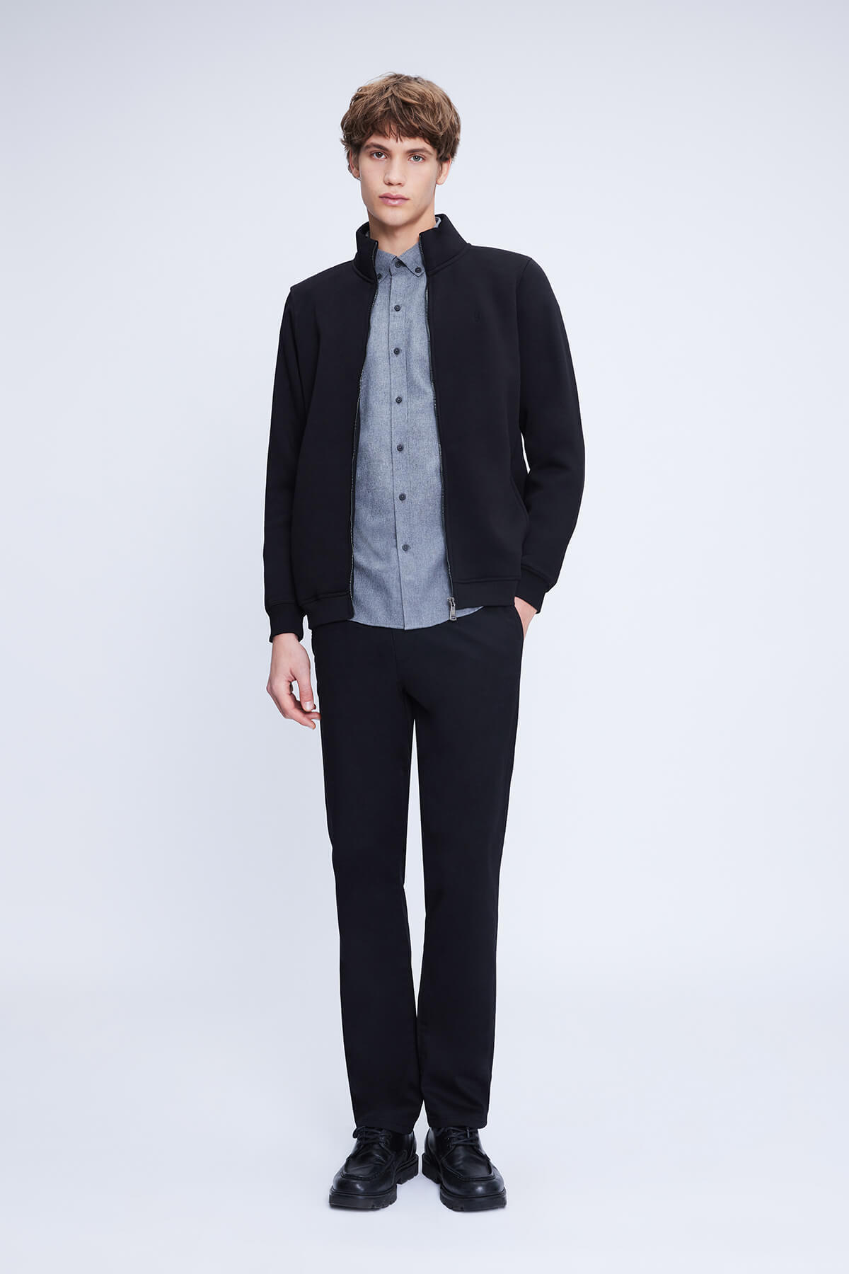 Siyah Regular Fit Pamuklu Tam Boy Fermuarlı Sweatshirt - 2