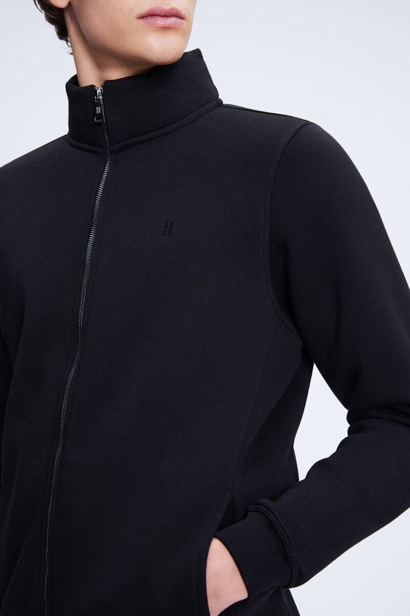 Siyah Regular Fit Pamuklu Tam Boy Fermuarlı Sweatshirt - HTML (1)