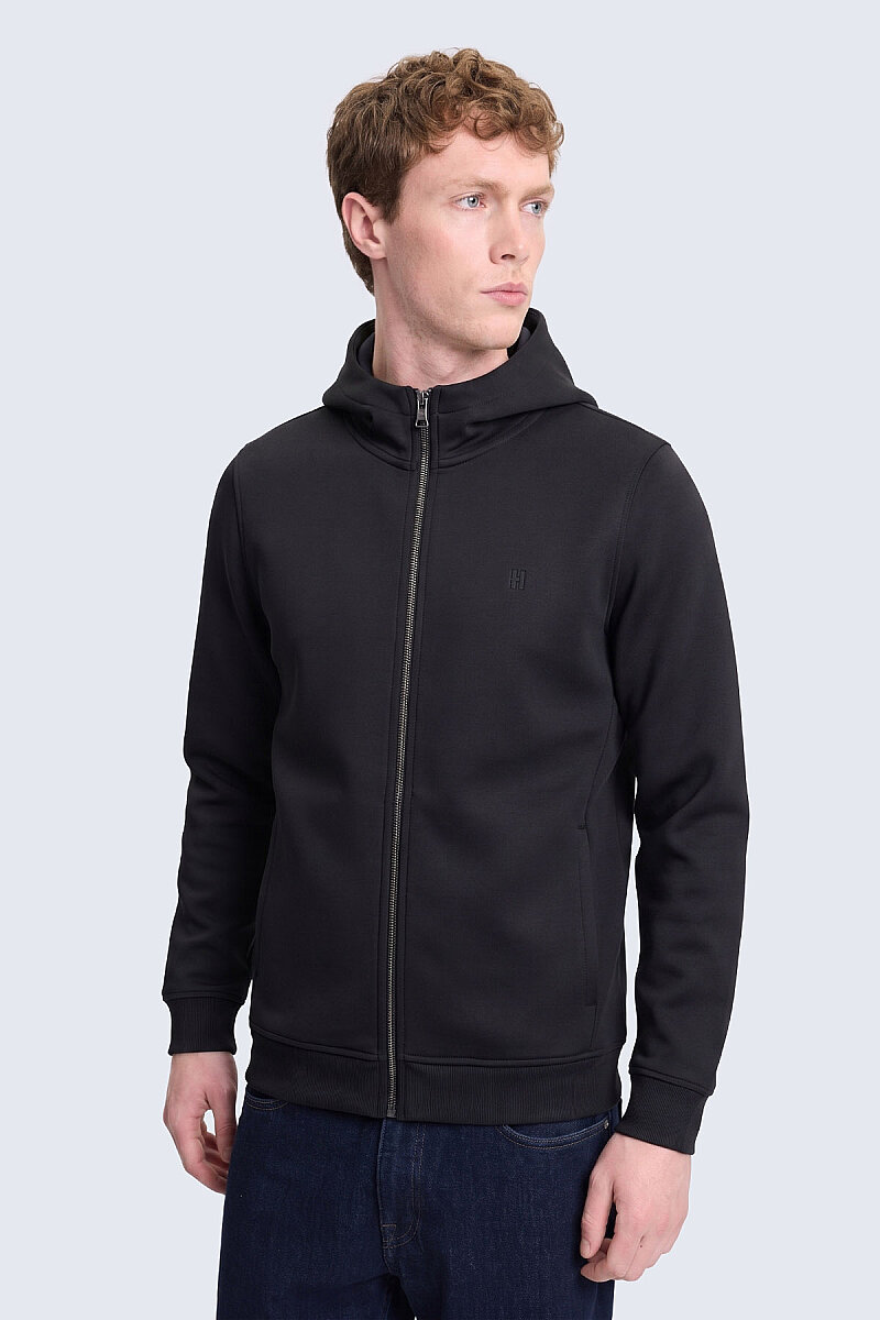 Siyah Regular Fit Pamuklu Tam Fermuarlı Kapüşonlu Sweatshirt