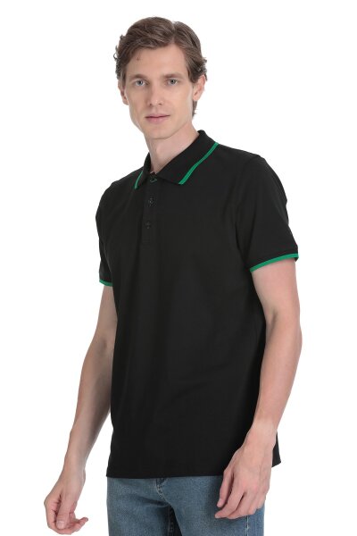 Siyah Regular Fit Polo Yaka Pamuklu Rayon Tişört 