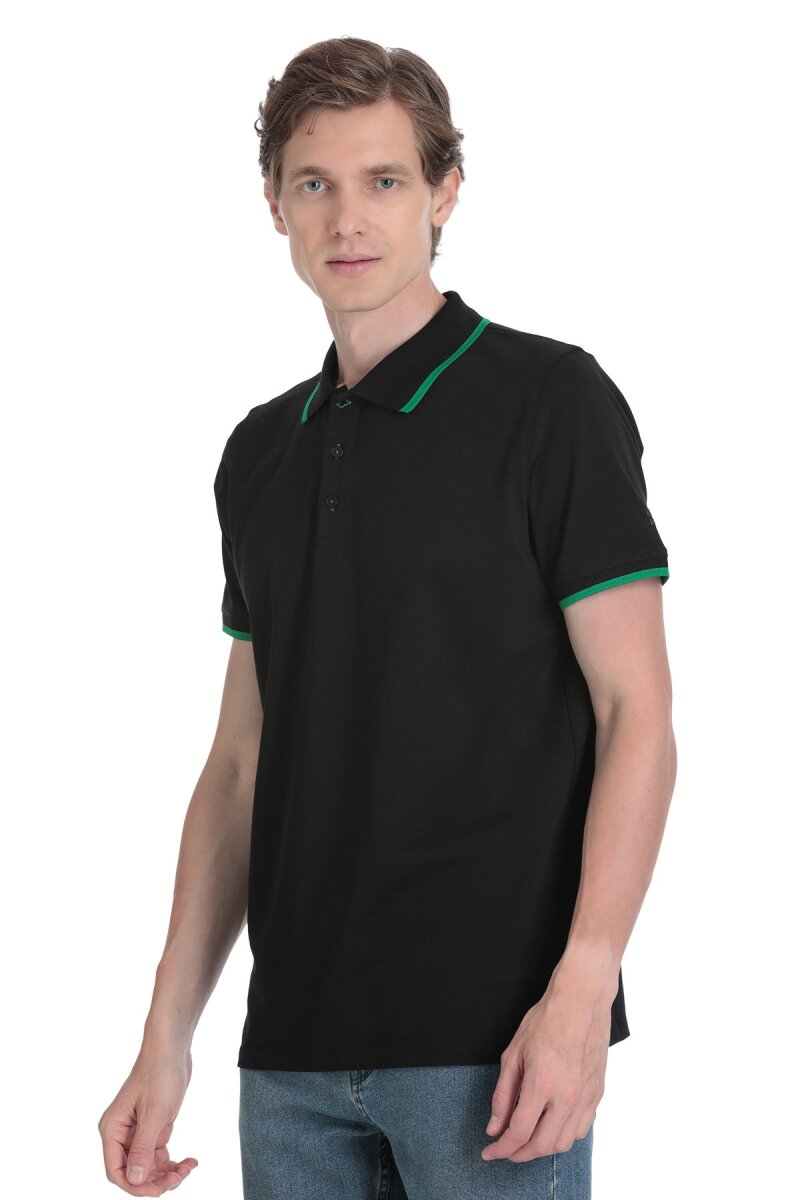 Siyah Regular Fit Polo Yaka Pamuklu Rayon Tişört - Saykı