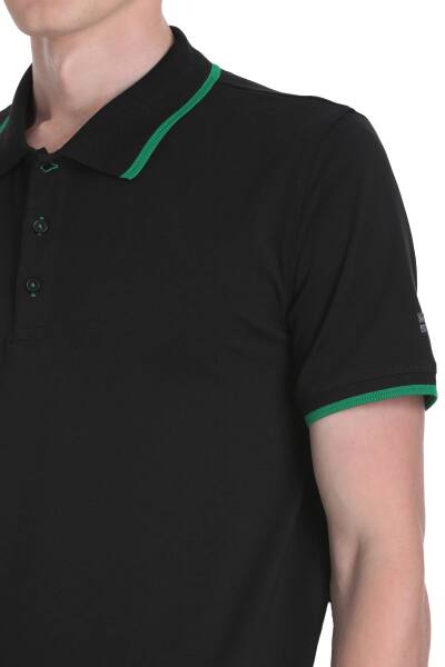 Siyah Regular Fit Polo Yaka Pamuklu Rayon Tişört - 4