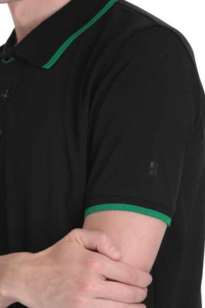 Siyah Regular Fit Polo Yaka Pamuklu Rayon Tişört - 5