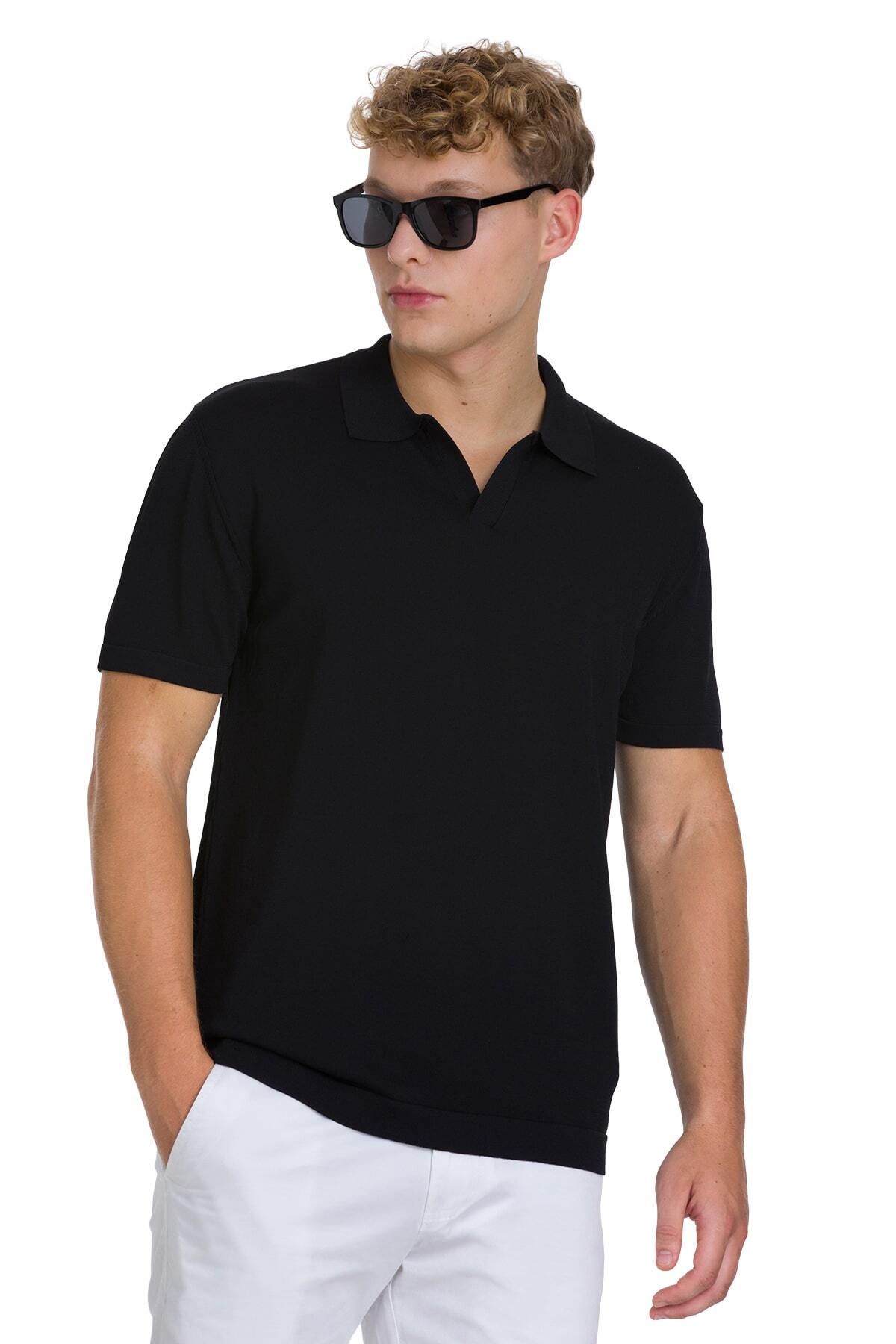 Siyah Regular Fit Polo Yaka Rayon Tişört - 1