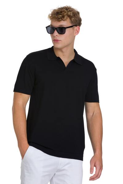 Siyah Regular Fit Polo Yaka Rayon Tişört 