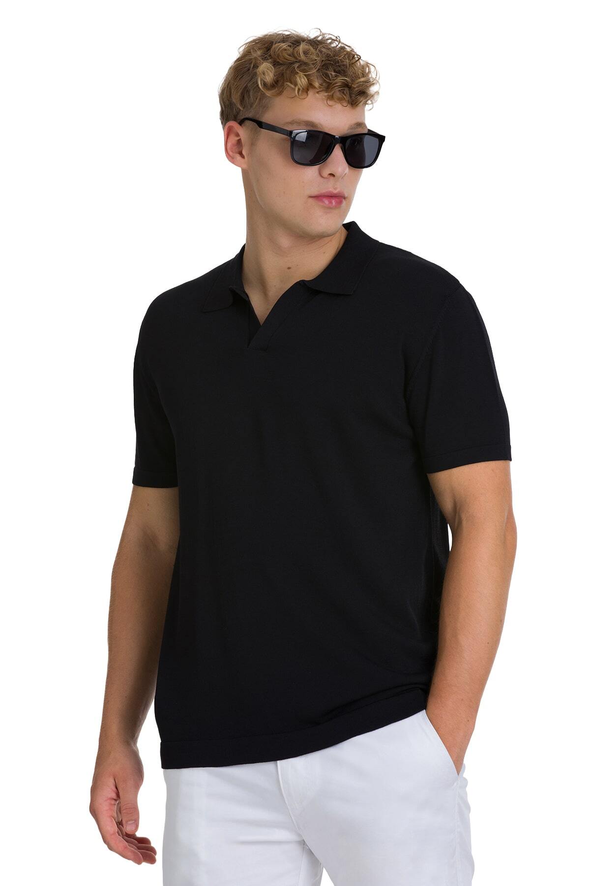 Siyah Regular Fit Polo Yaka Rayon Tişört - 3