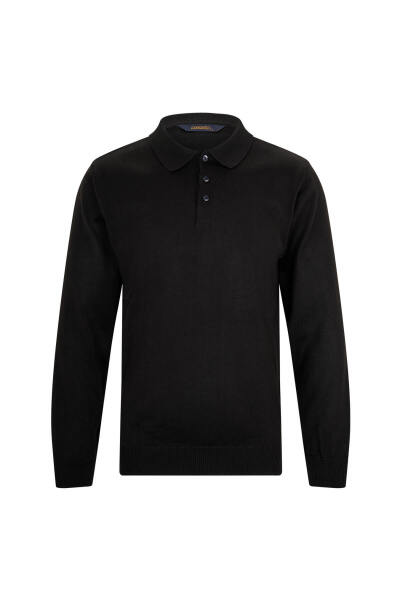 Siyah Regular Fit Polo Yaka Yünlü Kazak 