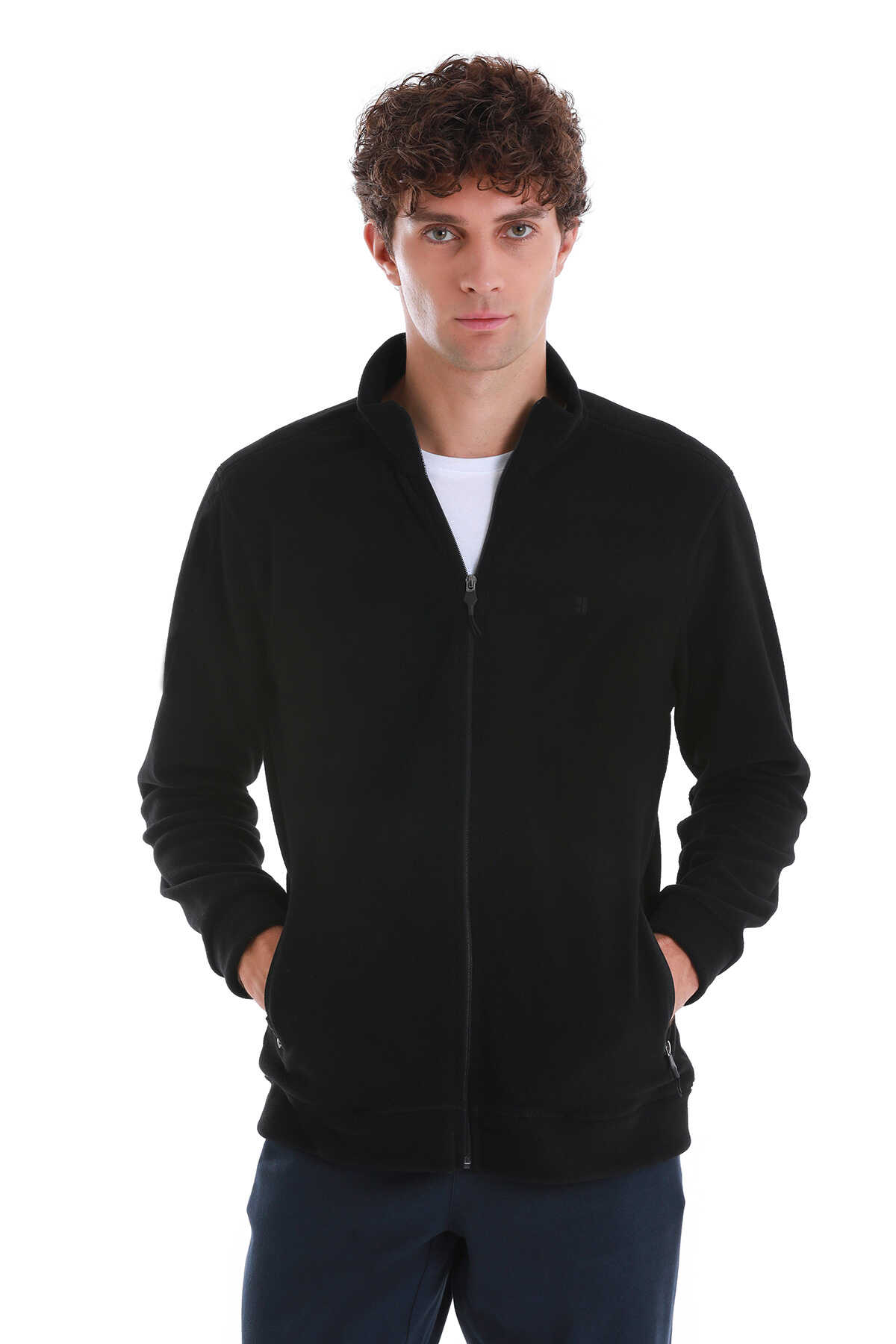Siyah Regular Fit Tüylenme Yapmayan Soğuk Geçirmez Tam Fermuarlı Polar Sweatshirt - 1