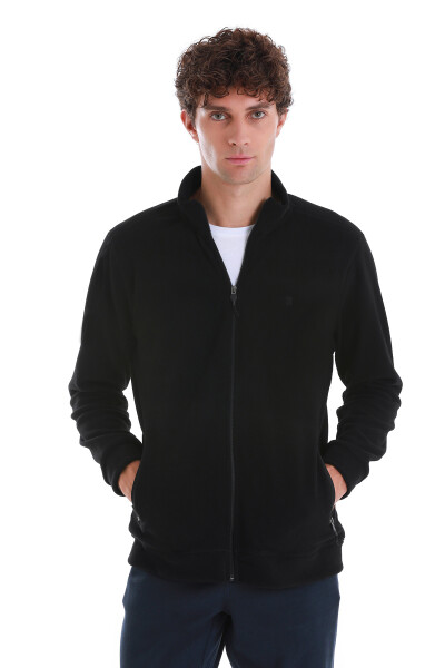 Siyah Regular Fit Tüylenme Yapmayan Soğuk Geçirmez Tam Fermuarlı Polar Sweatshirt - 1