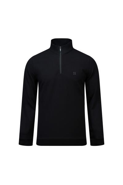 Siyah Regular Fit Yarım Balıkçı Yaka Fermuarlı Sweatshirt 