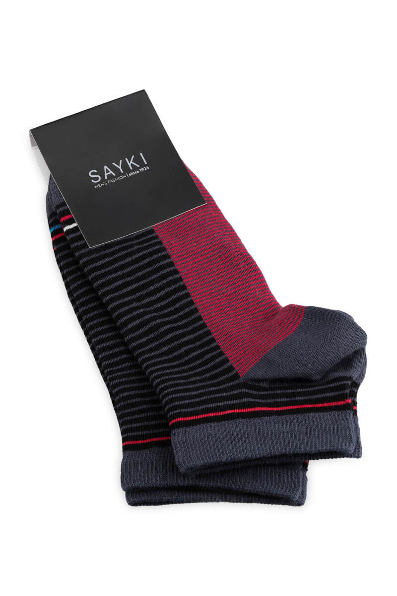 Siyah - Siyah 2'li Çizgili Kısa Çorap - Saykı