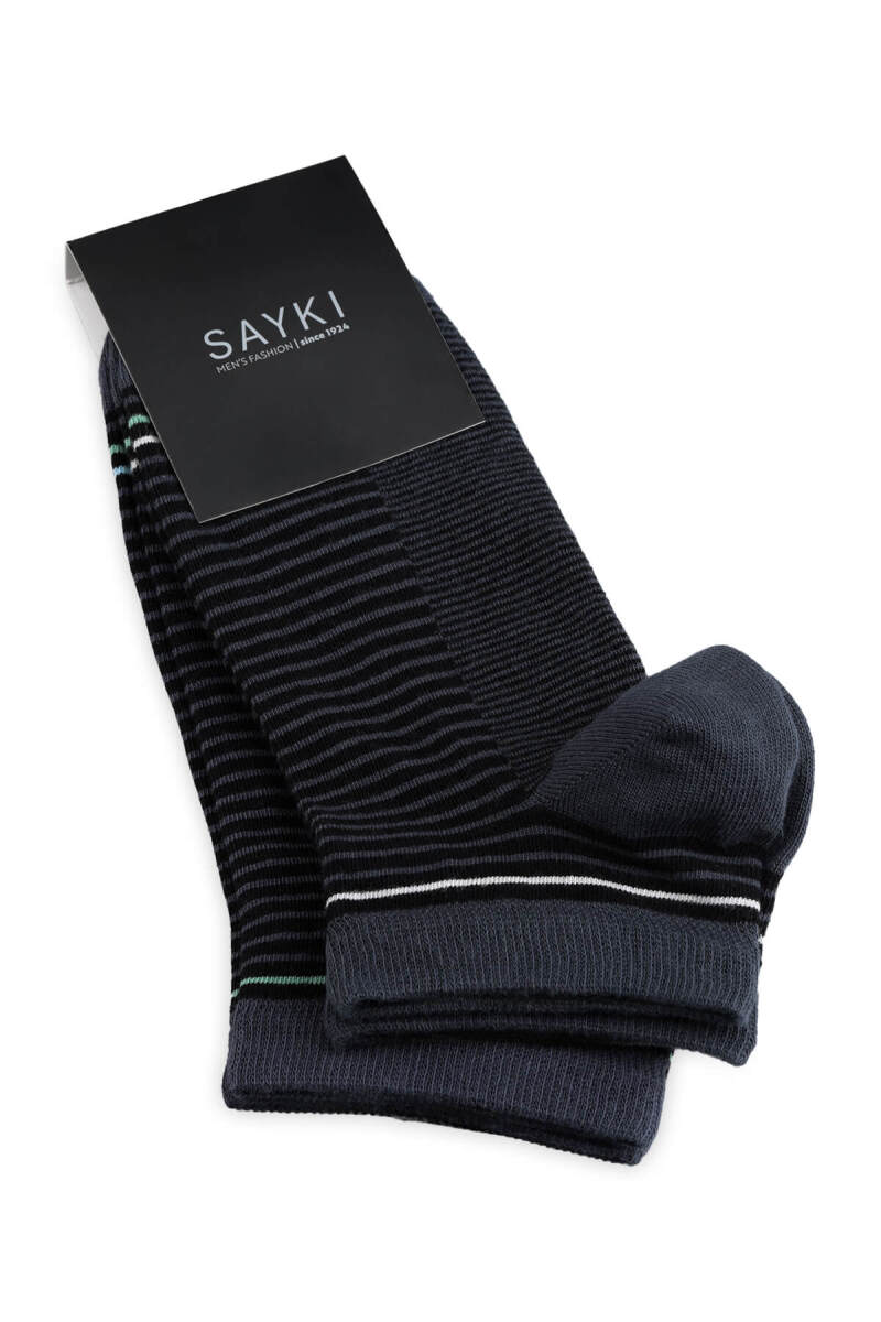 Siyah - Siyah 2'li Çizgili Kısa Çorap - Saykı