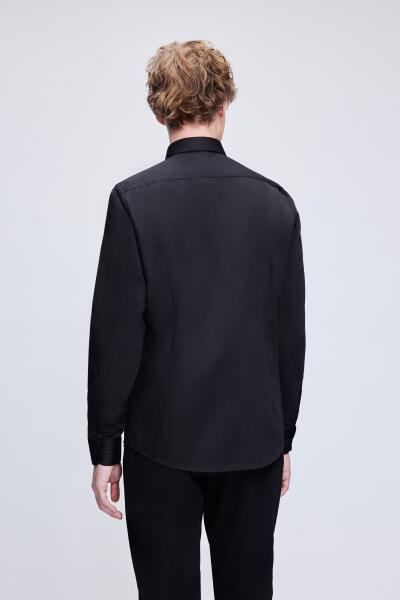 Siyah Slim Fit 100% Pamuk Açık İtalyan Yaka Uzun Kollu Saten Gömlek - 5