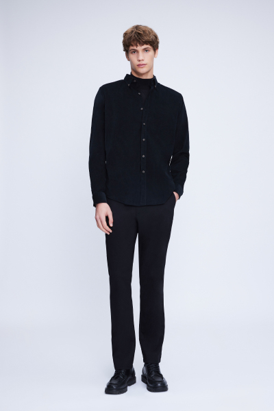 Siyah Slim Fit 100% Pamuklu Düğmeli Yaka Uzun Kollu Klasik Gömlek - 2