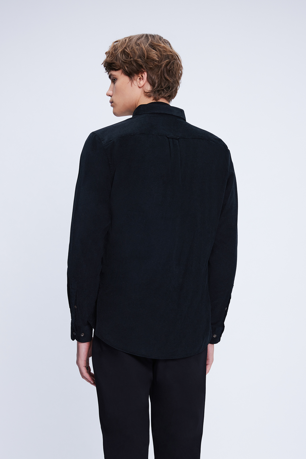 Siyah Slim Fit 100% Pamuklu Düğmeli Yaka Uzun Kollu Klasik Gömlek - 5