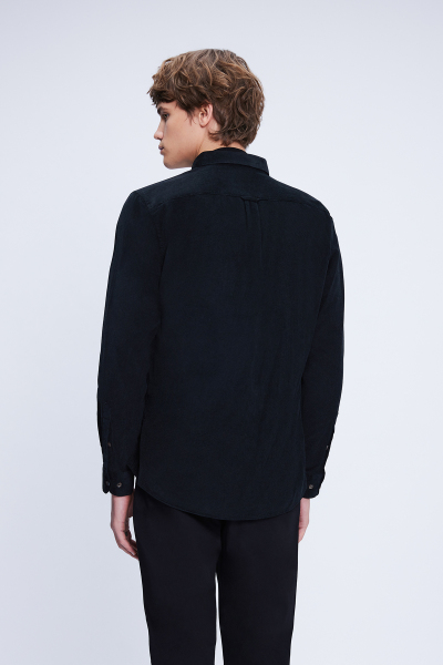 Siyah Slim Fit 100% Pamuklu Düğmeli Yaka Uzun Kollu Klasik Gömlek - 5