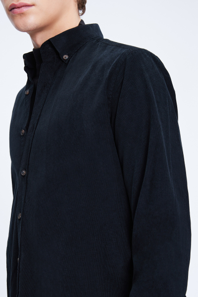 Siyah Slim Fit 100% Pamuklu Düğmeli Yaka Uzun Kollu Klasik Gömlek - 4