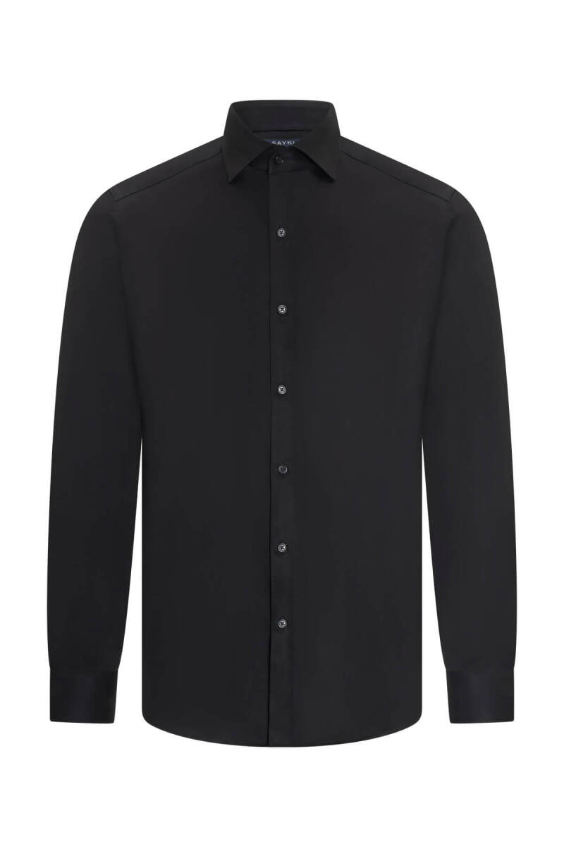 Siyah Slim Fit Açık İtalyan Yaka Uzun Kollu Saten Gömlek
