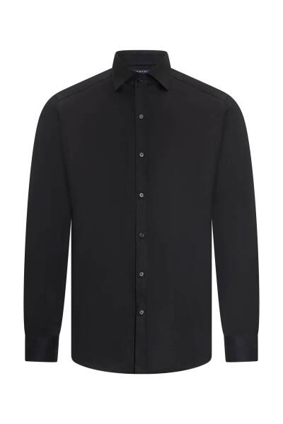 Siyah Slim Fit Açık İtalyan Yaka Uzun Kollu Saten Gömlek - 1